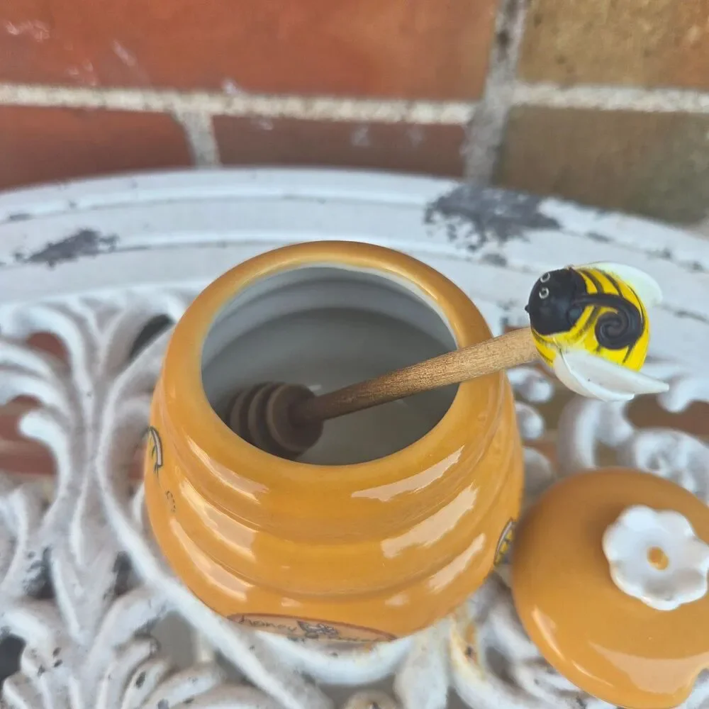 Honey Miel Ceramic Beehive Honey Pot Bee Dipper Lid Cottagecore 3.25